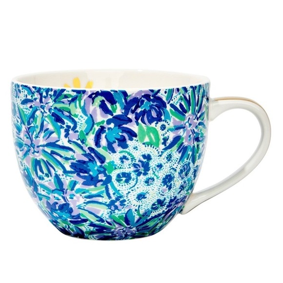 Lilly Pulitzer Ceramic Mugs Set of 2 Blue Floral Paisley Gold Handles 12oz NEW - Picture 6 of 16